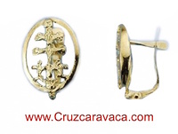 CRESCENT GOLD EARRINGS CROSS OF CARAVACA WITH ANGELS  FOR WOMAN