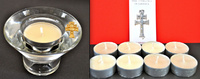 GLASS CANDLEHOLDER CANDLES AND LOT OF 8