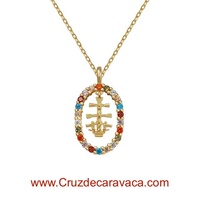 GOLD PLATED STERLING SILVER MEDAL AND CHAIN OF THE CROSS OF CARAVACA WITH COLOURED ZIRCONIAS