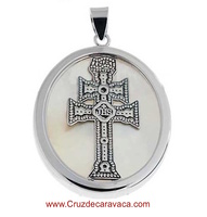 MEDAL CARAVACA CROSS MADE IN MOTHER OF PEARL AND SILVER LONG 