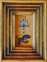 TABLE CROSS OF CARAVACA DE METAL ENAMELLED AND CARVED FRAME