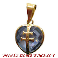 COLGANTE CRUZ DE CARAVACA EN ORO SOBRE CORAZÓN DE CRISTAL TALLADO AZUL GRANDE 