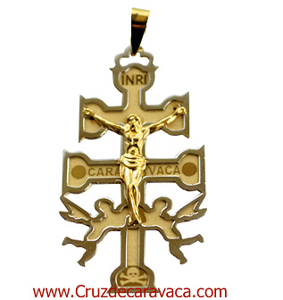 CRUZ DE CARAVACA A RELIEVE DE ORO AMARILLO Y BLANCO CON ANGELES Y CRISTO EXTRA GRANDE 