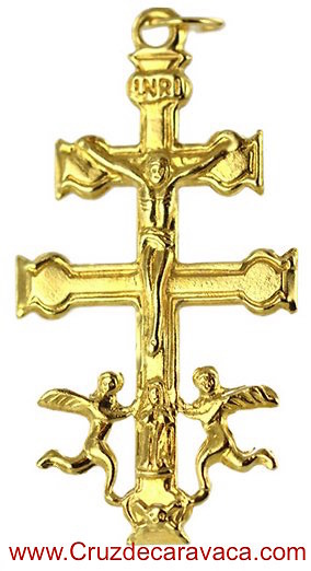 CRUZ DE CARAVACA CON ANGELES Y CRISTO DE ORO 18 KILATES GRANDE 