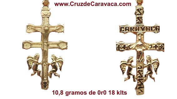 CRUZ DE CARAVACA DE ORO CON ANGELES Y LA INSCRIPCIÓN 