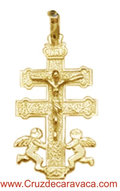 CRUZ DE CARAVACA DE ORO CON CRISTO ANGELES A DOS CARAS 