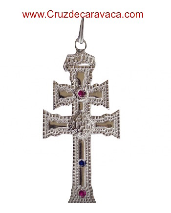 CRUZ DE CARAVACA DE PLATA DE LEY COMO EL RELICARIO AUTÉNTICO CON PIEDRAS SEMIPRECIOSAS 