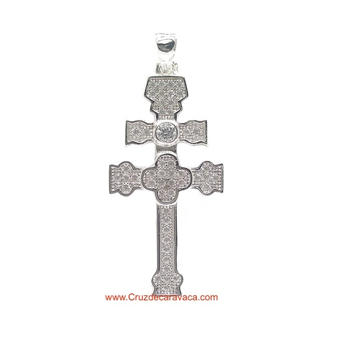 CRUZ DE CARAVACA DE PLATA DE LEY CON CIRCONITAS 