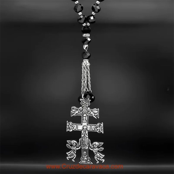 CRUZ DE CARAVACA GRANDE RÉPLICA ANTIGUA EN ROSARIO CRISTAL ROCA NEGRA FACETADO 