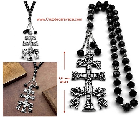 CRUZ DE CARAVACA GRANDE RÉPLICA ANTIGUA EN ROSARIO CRISTAL ROCA NEGRA FACETADO 