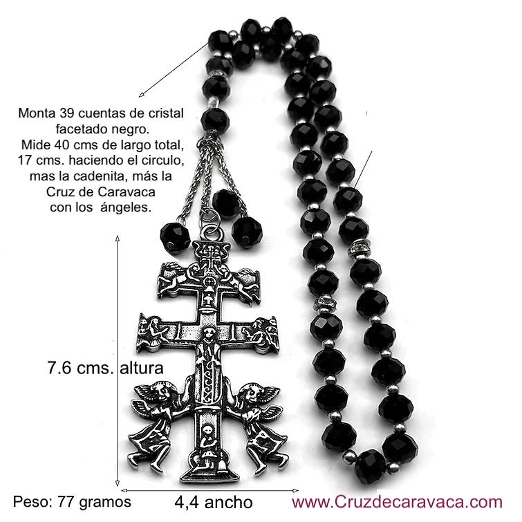 CRUZ DE CARAVACA GRANDE RÉPLICA ANTIGUA EN ROSARIO CRISTAL ROCA NEGRA FACETADO 