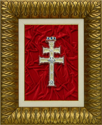 CUADRO DE LA LA CRUZ DE CARAVACA (REPLICA) MONTADO CON MARCO EN PAN DE ORO A RELIEVE 