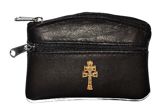 MONEDERO DE POLIPIEL CON CRUZ DE CARAVACA DORADA NEGRO MARRON 