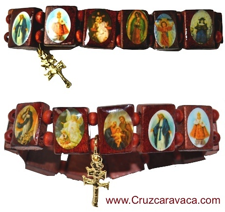 PULSERA ADVOCACIONAL CON LA CRUZ DE CARAVACA, JESÚS Y LA VIRGEN 