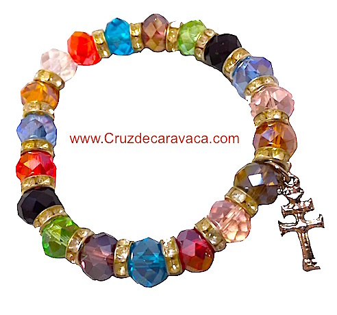 PULSERA CRUZ CARAVACA DE CRISTAL FACETADO DE COLORES 