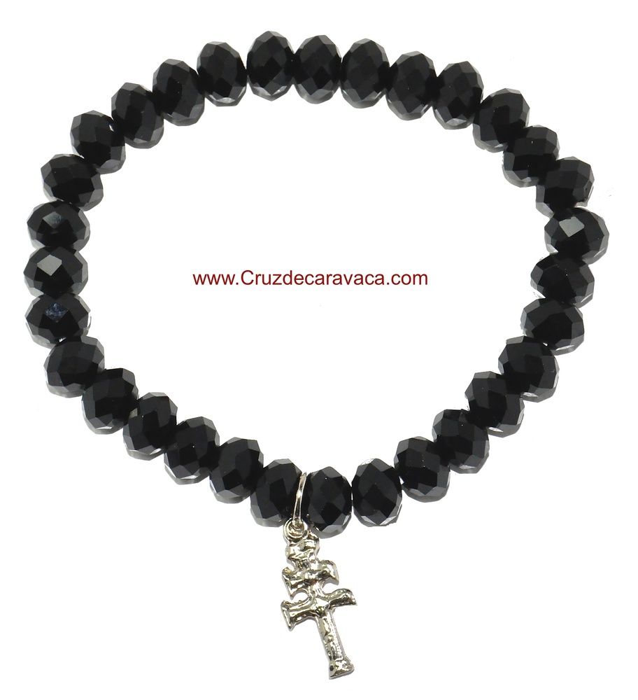 PULSERA CRUZ CARAVACA DE CRISTAL FACETADO DE ROCA NEGRA 