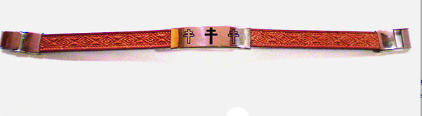 PULSERA CRUZ DE CARAVACA ACERO Y CUERO MARRON CON CIERRE 