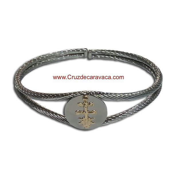 PULSERA CRUZ DE CARAVACA ACERO Y ORO DE DOS CORDONES PARA MUJER 