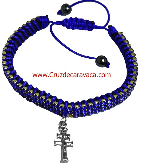 PULSERA CRUZ DE CARAVACA CON CRISTALES STRASS AJUSTABLE AZUL 