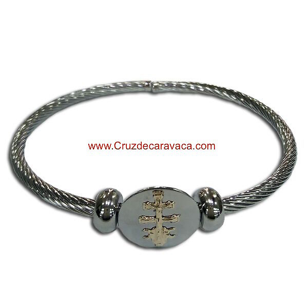 PULSERA CRUZ DE CARAVACA CORDÓN ACERO Y ORO PARA MUJER 