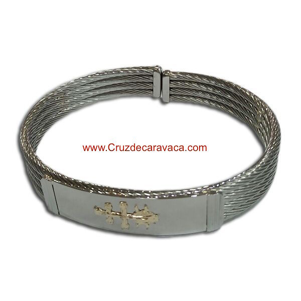 PULSERA CRUZ DE CARAVACA DE ACERO Y ORO DE CUATRO CORDONES 