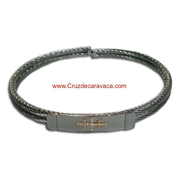 PULSERA CRUZ DE CARAVACA DE ACERO Y ORO DE DOS CORDONES 