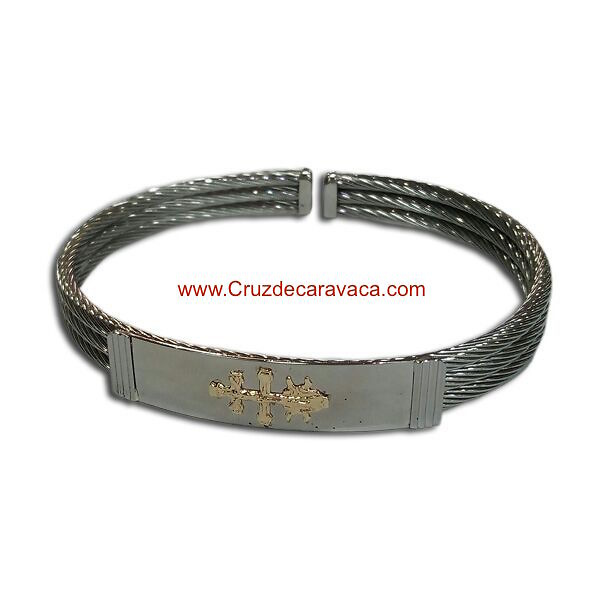 PULSERA CRUZ DE CARAVACA DE ACERO Y ORO DE TRES CORDONES 