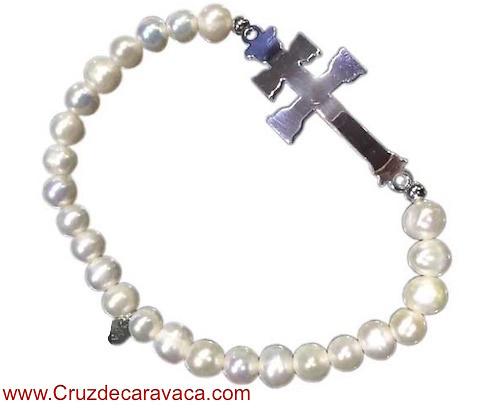 PULSERA CRUZ DE CARAVACA PLATA Y PERLAS ELÁSTICA 