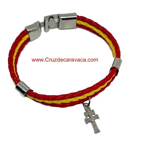 PULSERA TRENZADA CON-CRUZ-DE-CARAVACA Y BANDERA ESPAÑOLA 