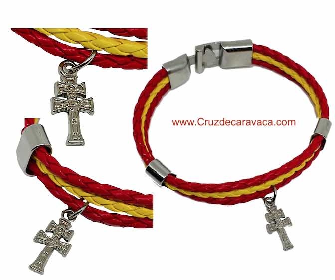 PULSERA TRENZADA CON-CRUZ-DE-CARAVACA Y BANDERA ESPAÑOLA 