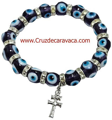 PULSERAS DE OJO TURCO DE CRISTAL AZUL Y CRUZ DE CARAVACA 