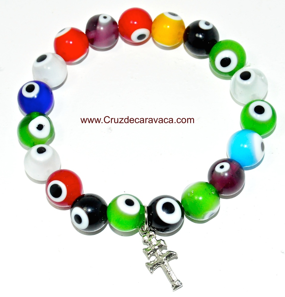 PULSERAS DE OJO TURCO DE CRISTAL Y CRUZ DE CARAVACA 