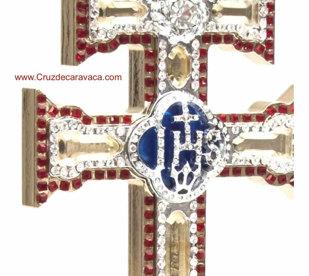 REPLICA CRUZ DE CARAVACA CON PIEDRAS SWAROVSKI SOBRE PEANA 