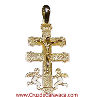  CRUZ DE CARAVACA DE ORO CON CRISTO ANGELES  A DOS CARAS MUY GRANDE