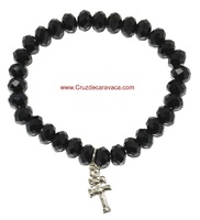 PULSERA CRUZ CARAVACA DE CRISTAL  FACETADO DE ROCA NEGRA