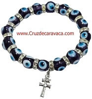 PULSERAS  DE OJO TURCO DE CRISTAL AZUL Y CRUZ DE CARAVACA 