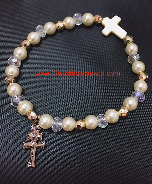 BRACCIALE CROCE DI CARAVACA E CROCE LATINA PERLE 