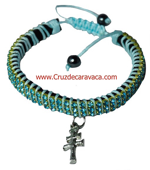 PULSERA CRUZ DE CARAVACA CON CRISTALES STRASS AJUSTABLE AZUL CELESTE 