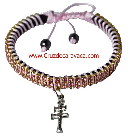 PULSERA CRUZ DE CARAVACA CON CRISTALES STRASS AJUSTABLE ROSA 