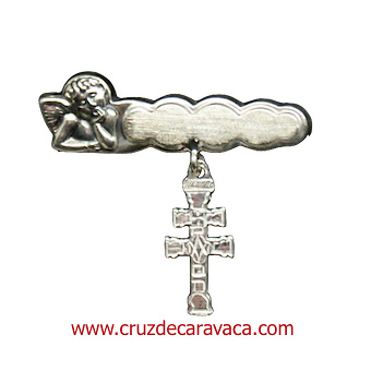 CARAVACA PIN'S CROSS PER BAMBINO IN ARGENTO STERLING CON ANGEL 