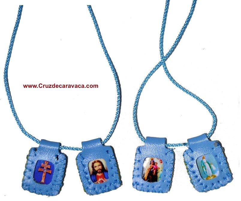 ESCAPULARIO DE LA CRUZ DE CARAVACA, CORAZON DE JESUS, VIRGEN DE CARMEN Y VIRGEN DE FÁTIMA AZUL CELESTE 