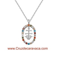 MEDAGLIA E CATENA IN ARGENTO STERLING CON CROCE DI CARAVACA E PIETRE DI ZIRCONIO COLORI CASTONATE