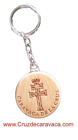 WOOD KEY CHAIN WITH CROSS CARVED IN SHALLOW RELIEF CARAVACA 