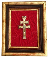  GOLDEN BATH CARAVACA CROSS PICTURE WITH STONE AND ENAMELS (REPLICA) ON WOODEN FRAME