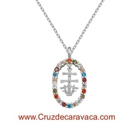 STERLING SILVER CROSS OF CARAVACA MEDAL AND CHAIN SET WITH COLORS ZIRCONIA STONES