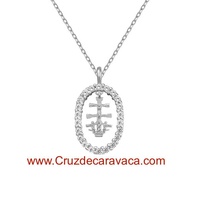 STERLING SILVER CROSS OF CARAVACA MEDAL AND CHAIN SET WITH WHITE ZIRCONIA STONES